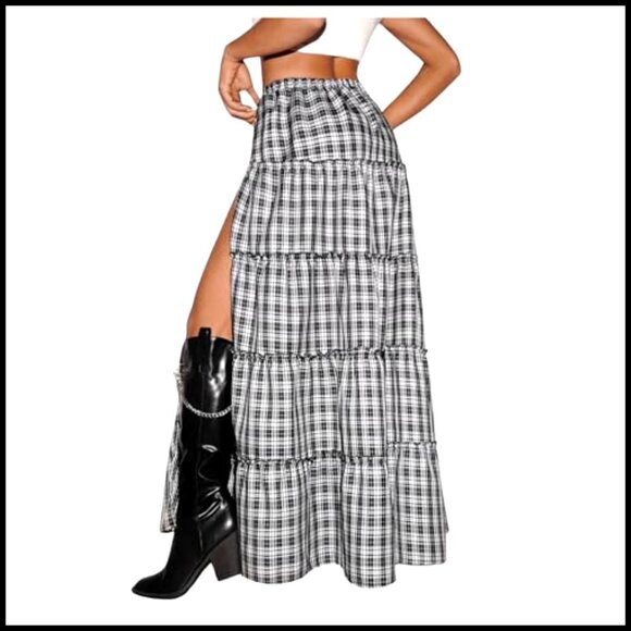 Plaid Maxi Skirt with High Slit, Tiered Ruffle Hem, Elastic Waist, Flowy Fit - Picture 3 of 5